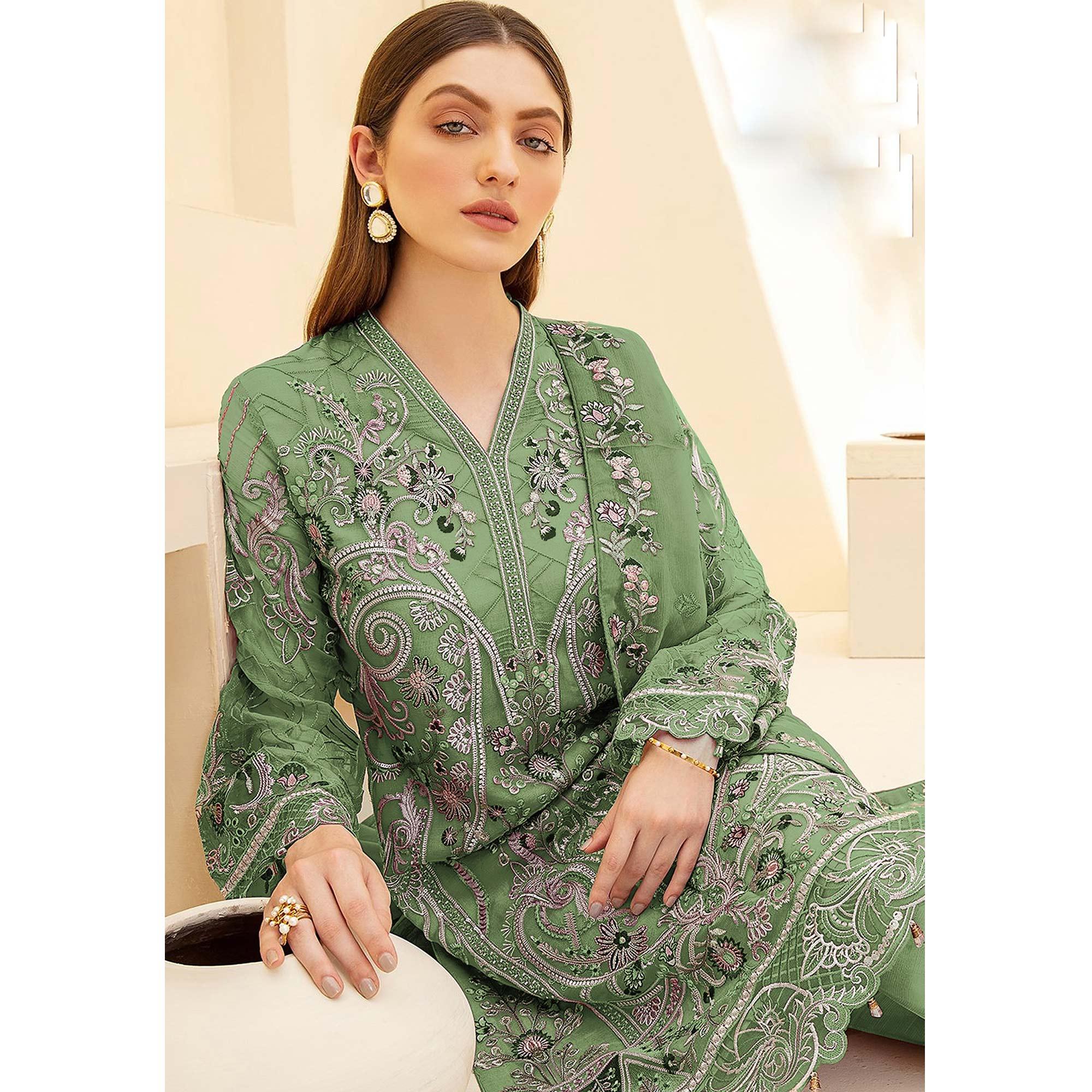 Green Embellished With Embroidered Georgette Palazzo Suit - Peachmode