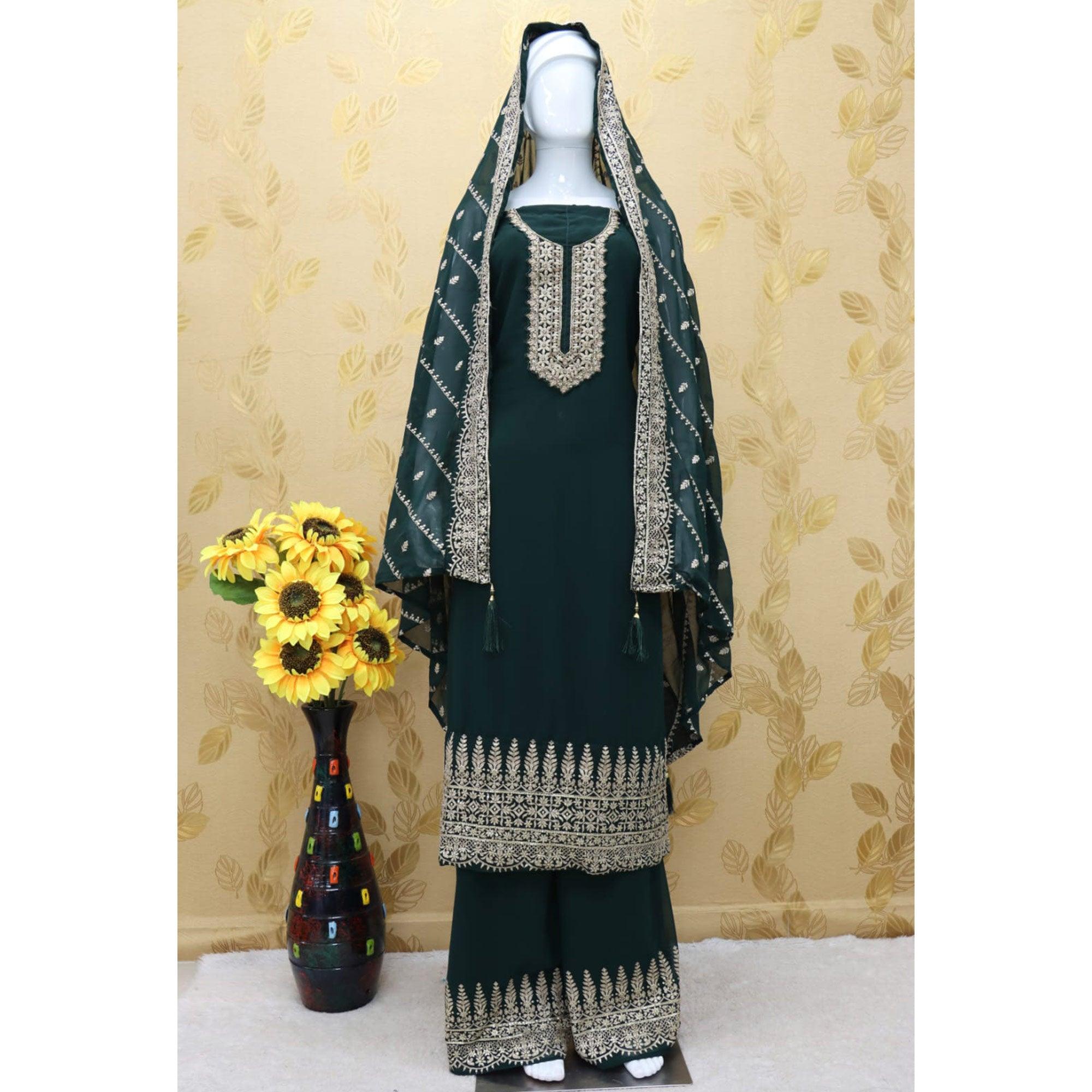 Green Embellished With Embroidered Georgette Palazzo Suit - Peachmode