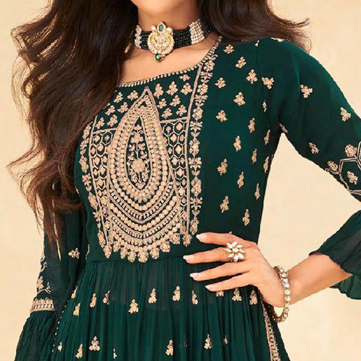 Green Embellished With Embroidered Georgette Palazzo Suit - Peachmode