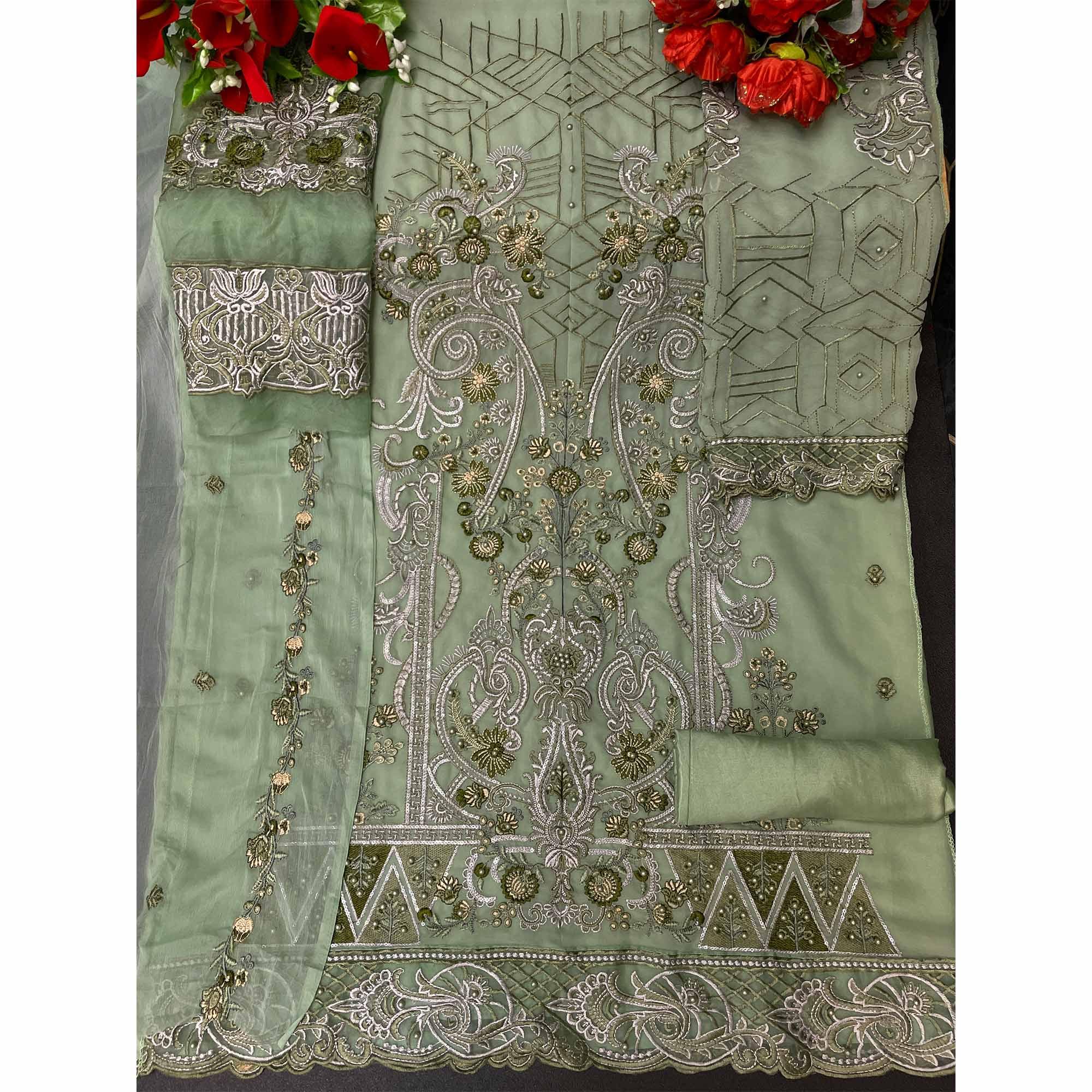 Green Embellished With Embroidered Georgette Palazzo Suit - Peachmode