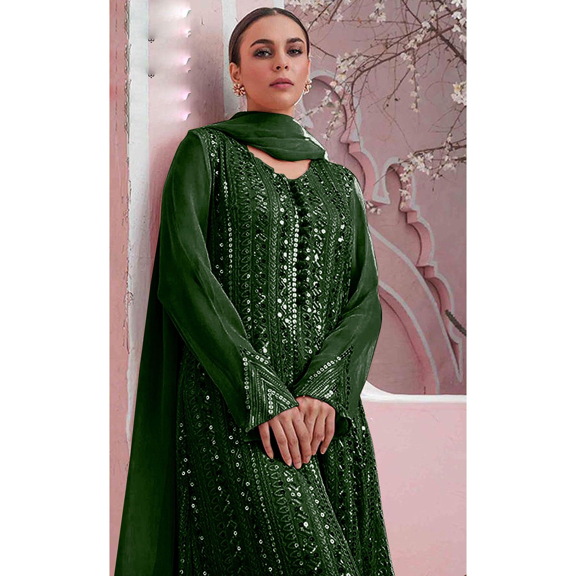 Green Embellished With Embroidered Georgette Palazzo Suit - Peachmode