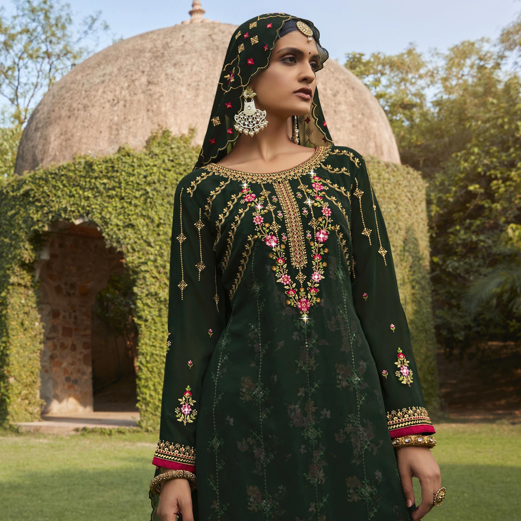 Green Embellished With Embroidered Georgette Palazzo Suit - Peachmode