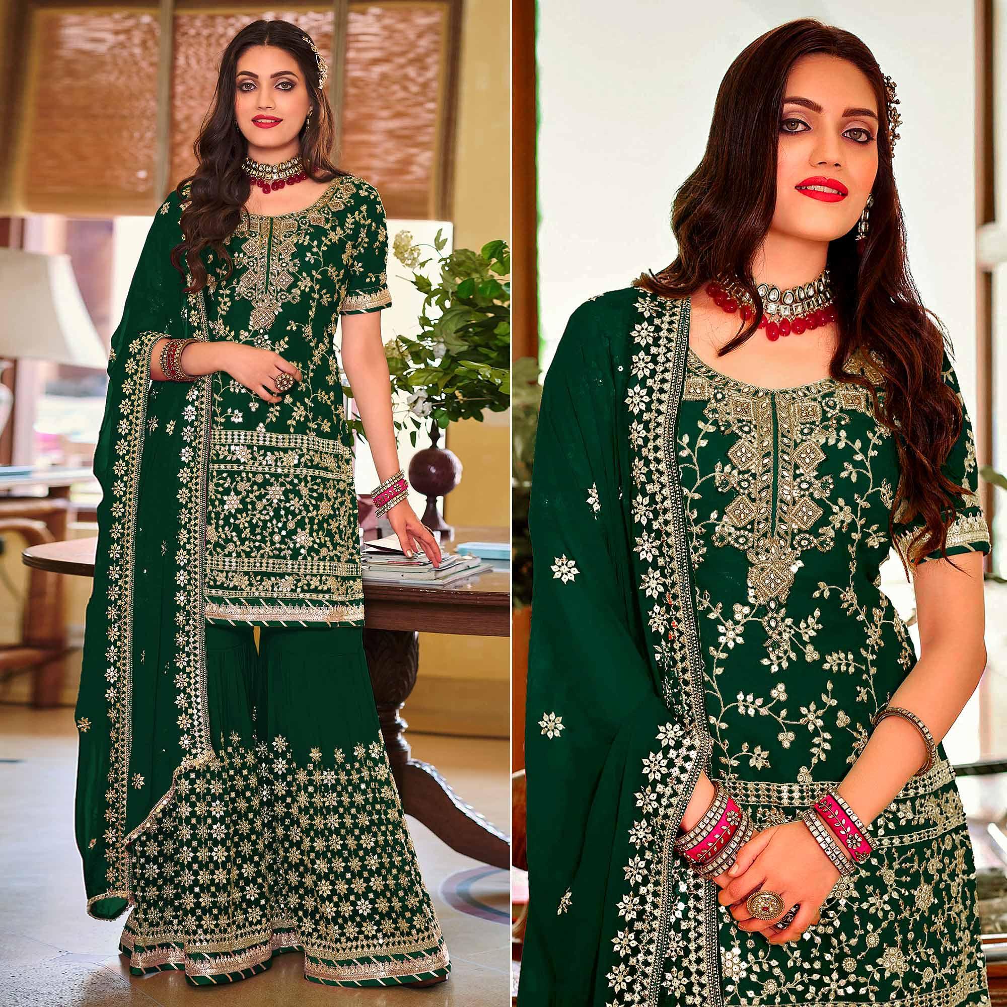 Green Embellished With Embroidered Georgette Sharara Suit - Peachmode