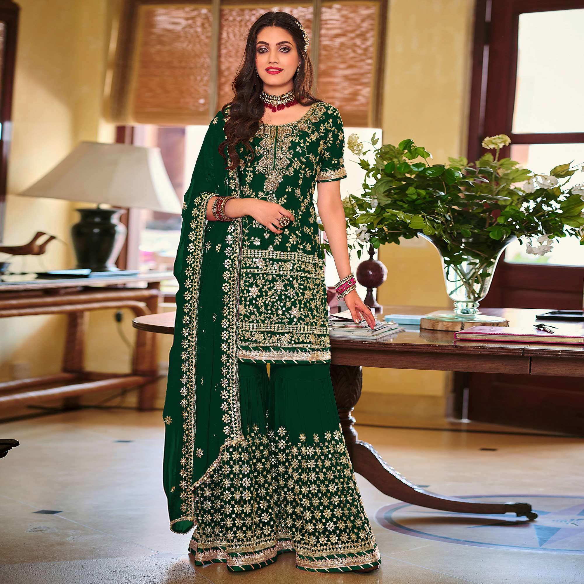 Green Embellished With Embroidered Georgette Sharara Suit - Peachmode