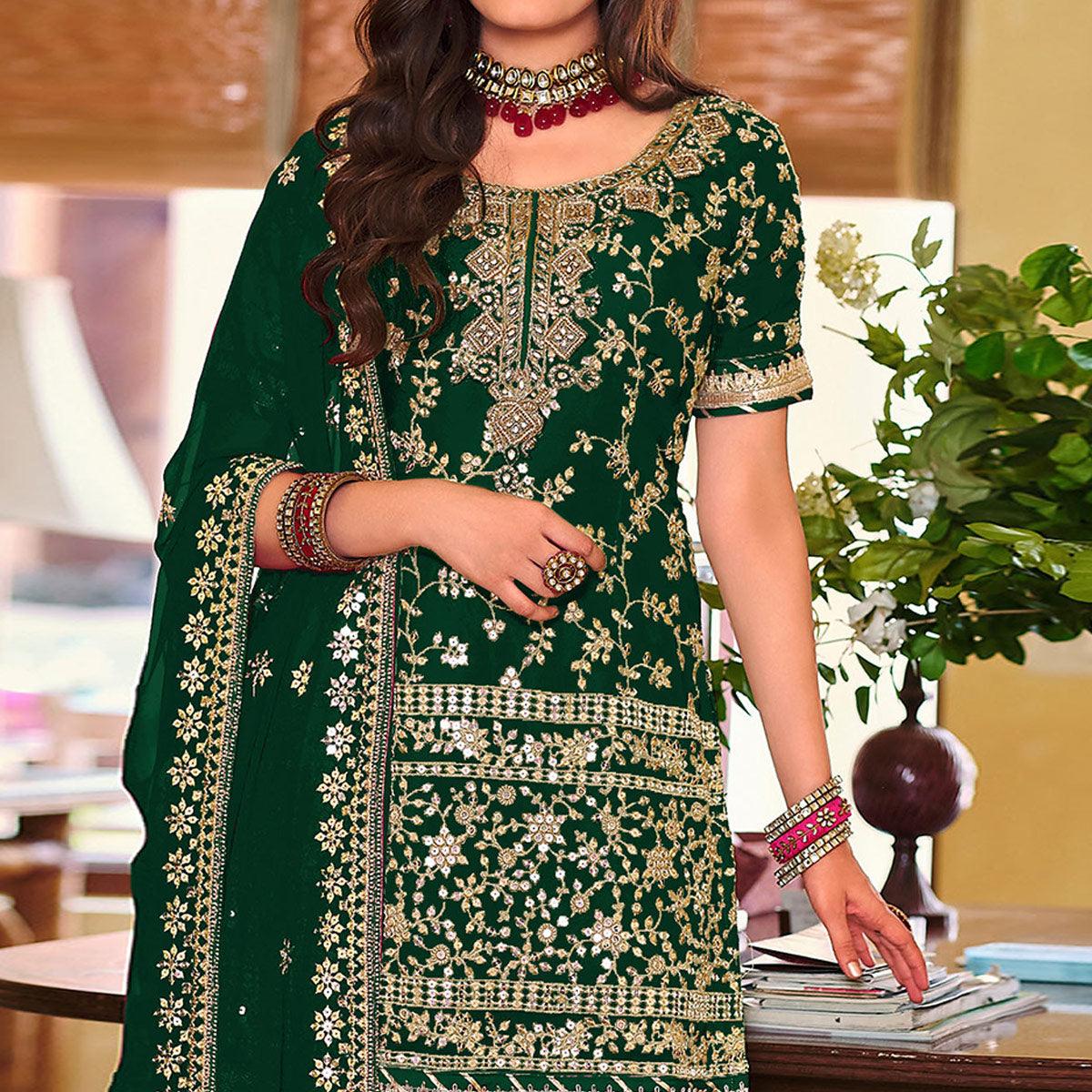 Green Embellished With Embroidered Georgette Sharara Suit - Peachmode