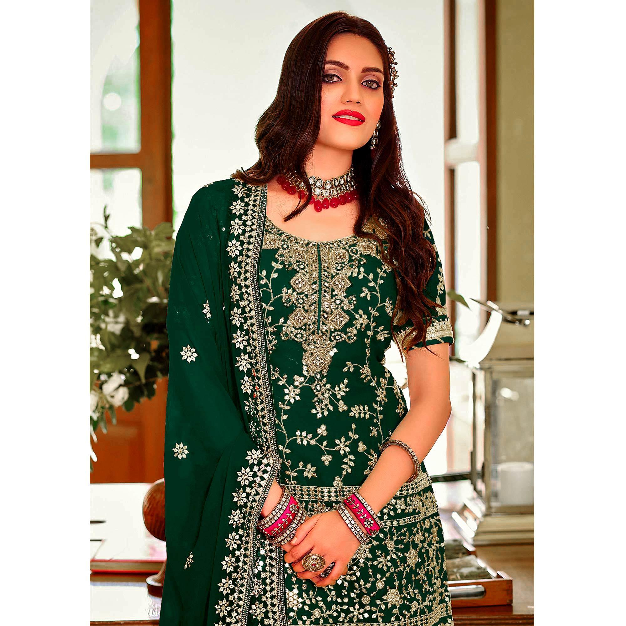 Green Embellished With Embroidered Georgette Sharara Suit - Peachmode