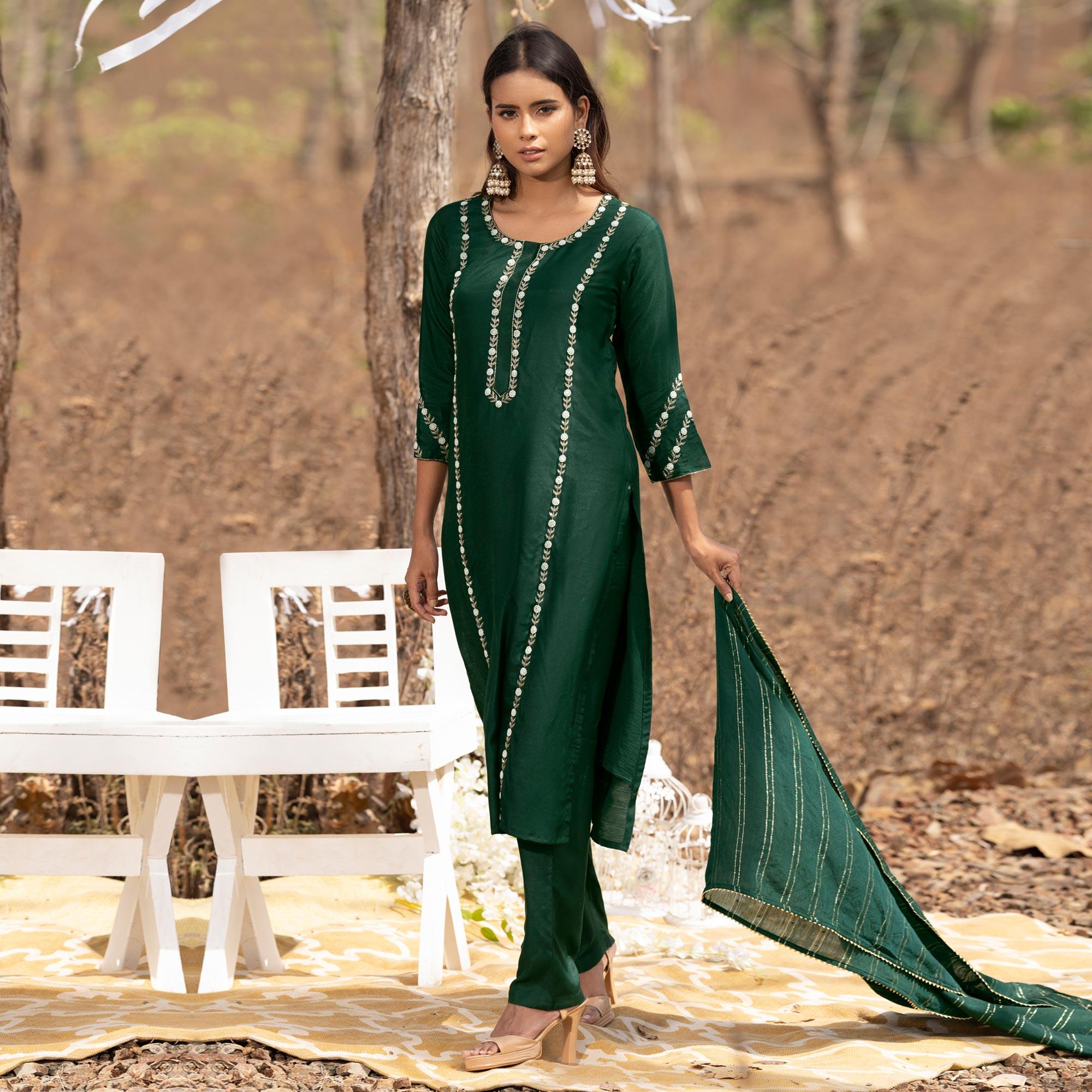 Green Embellished With Embroidered Muslin Kurti Pant Set With Dupatta - Peachmode