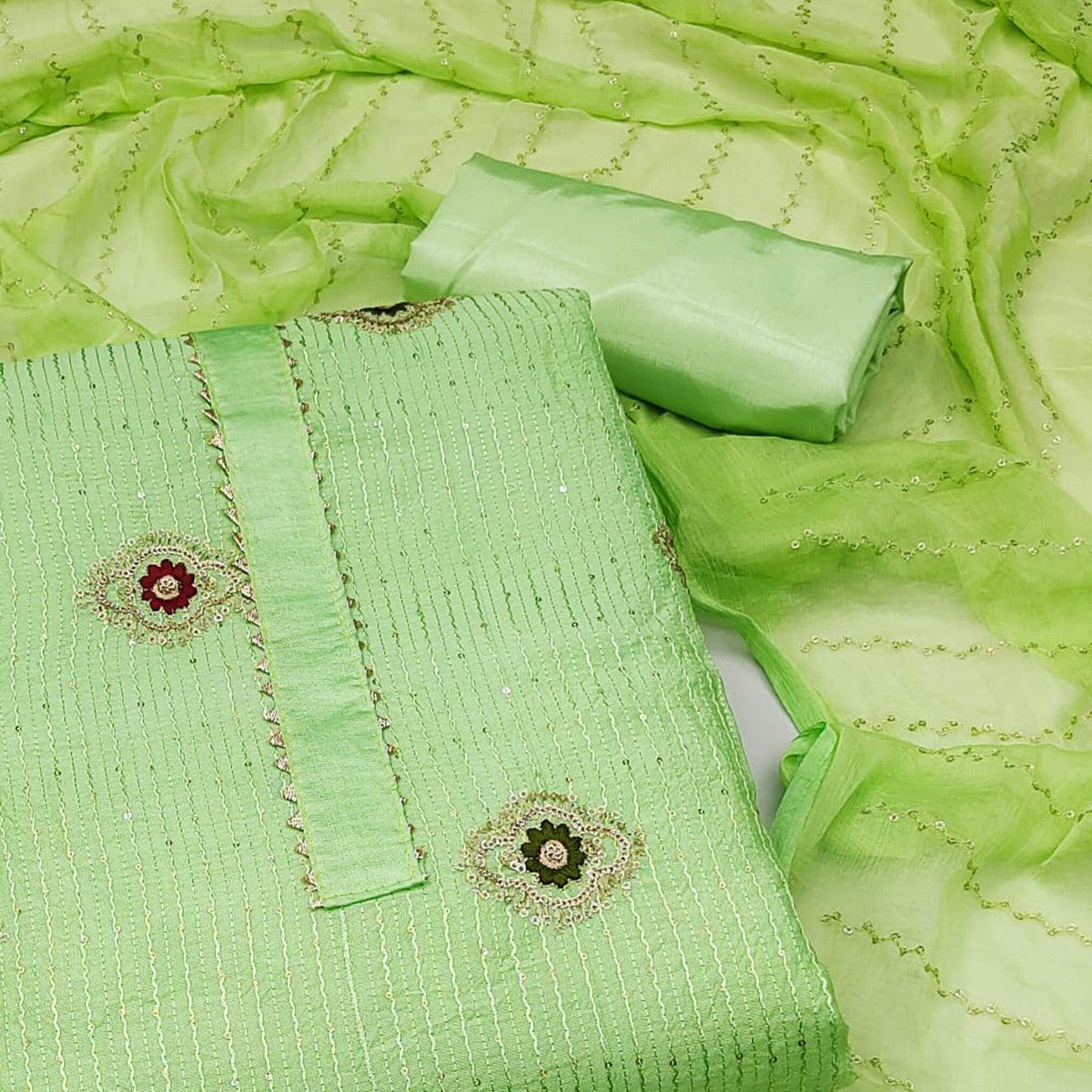 Green Embellished With Embroidered Poly Cotton Dress Material - Peachmode
