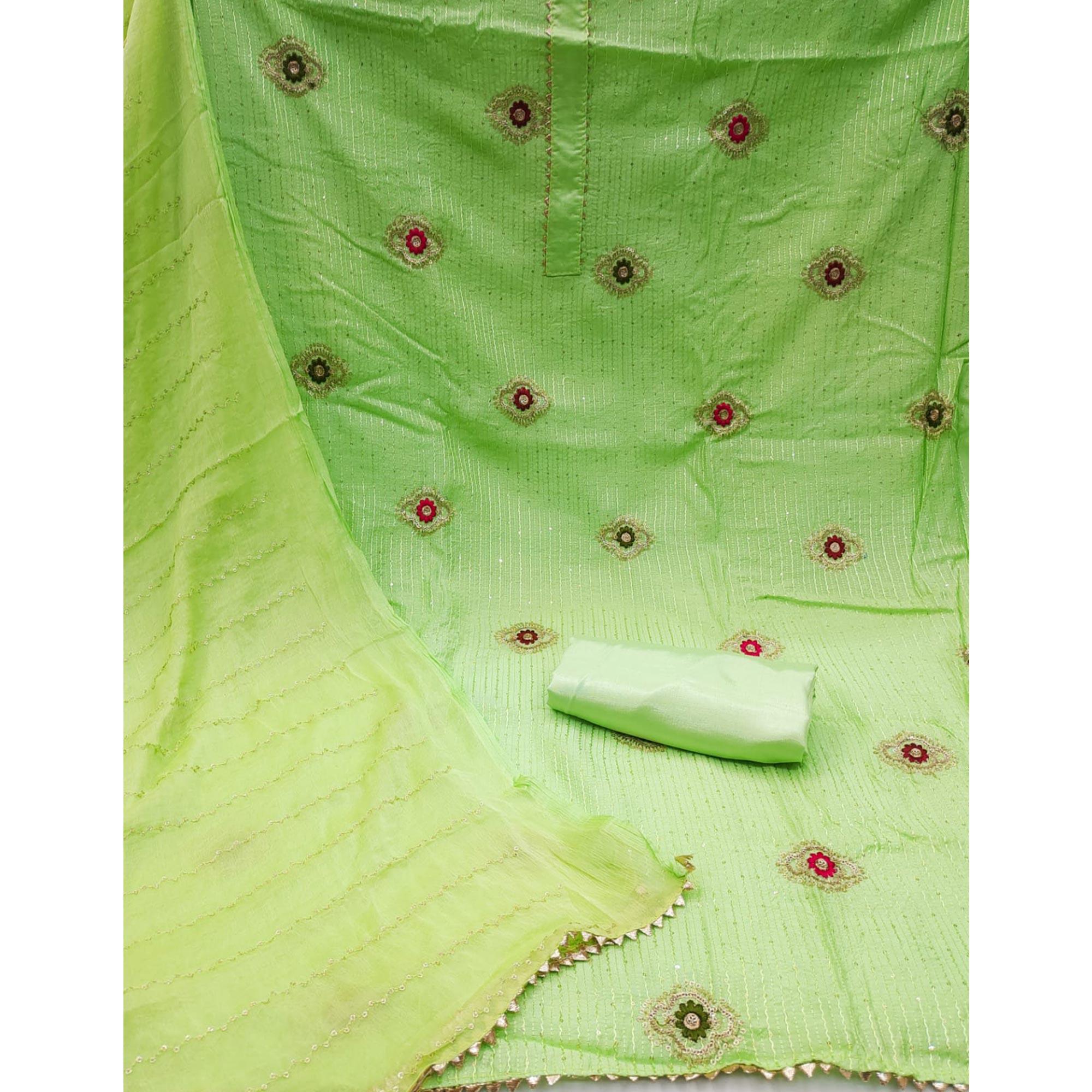 Green Embellished With Embroidered Poly Cotton Dress Material - Peachmode