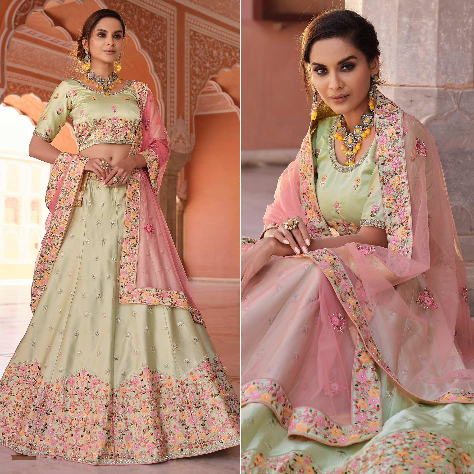 Green Embellished With Embroidered Satin Lehenga Choli - Peachmode