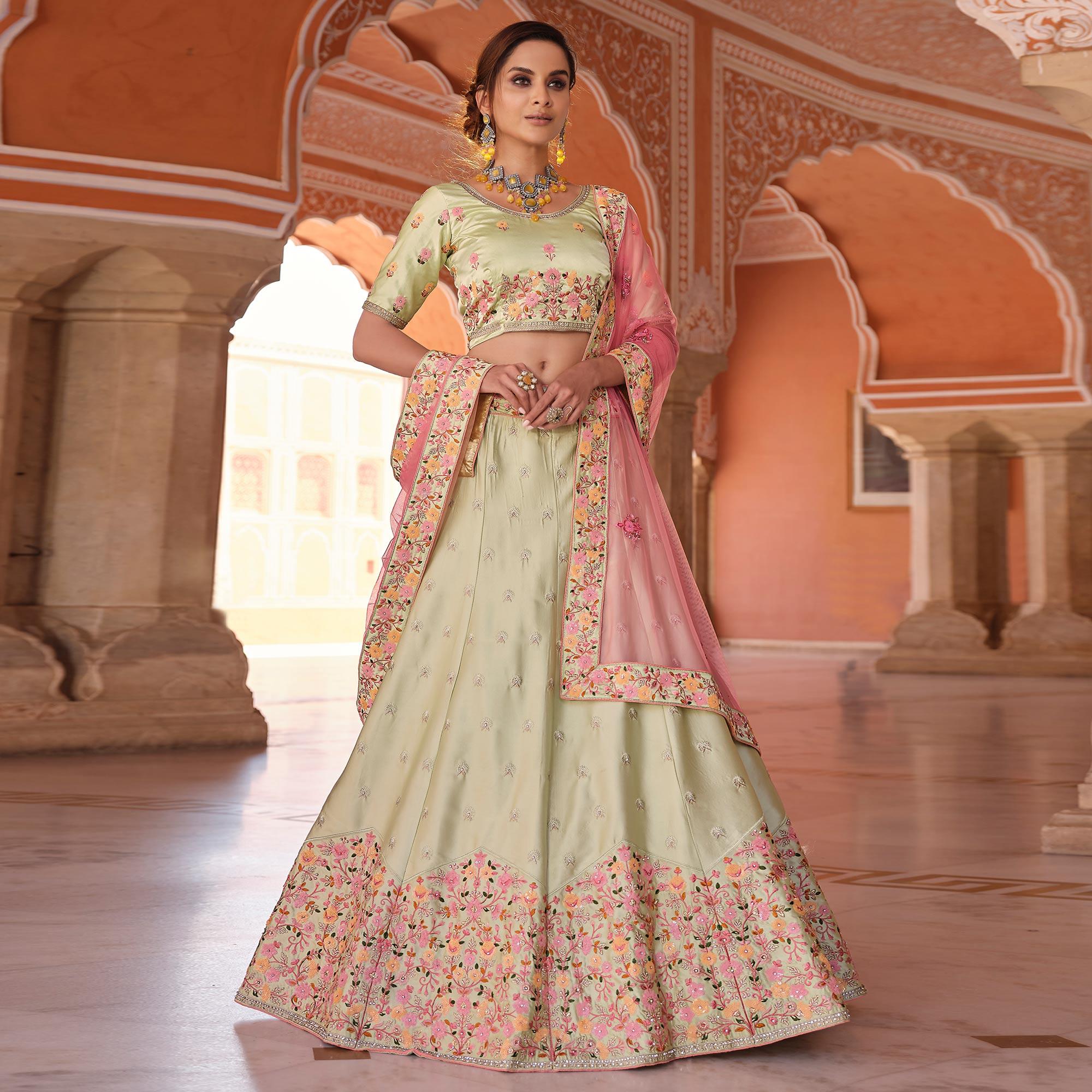 Green Embellished With Embroidered Satin Lehenga Choli - Peachmode
