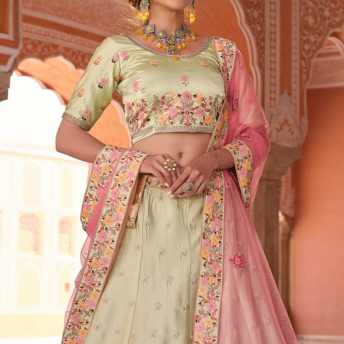 Green Embellished With Embroidered Satin Lehenga Choli - Peachmode