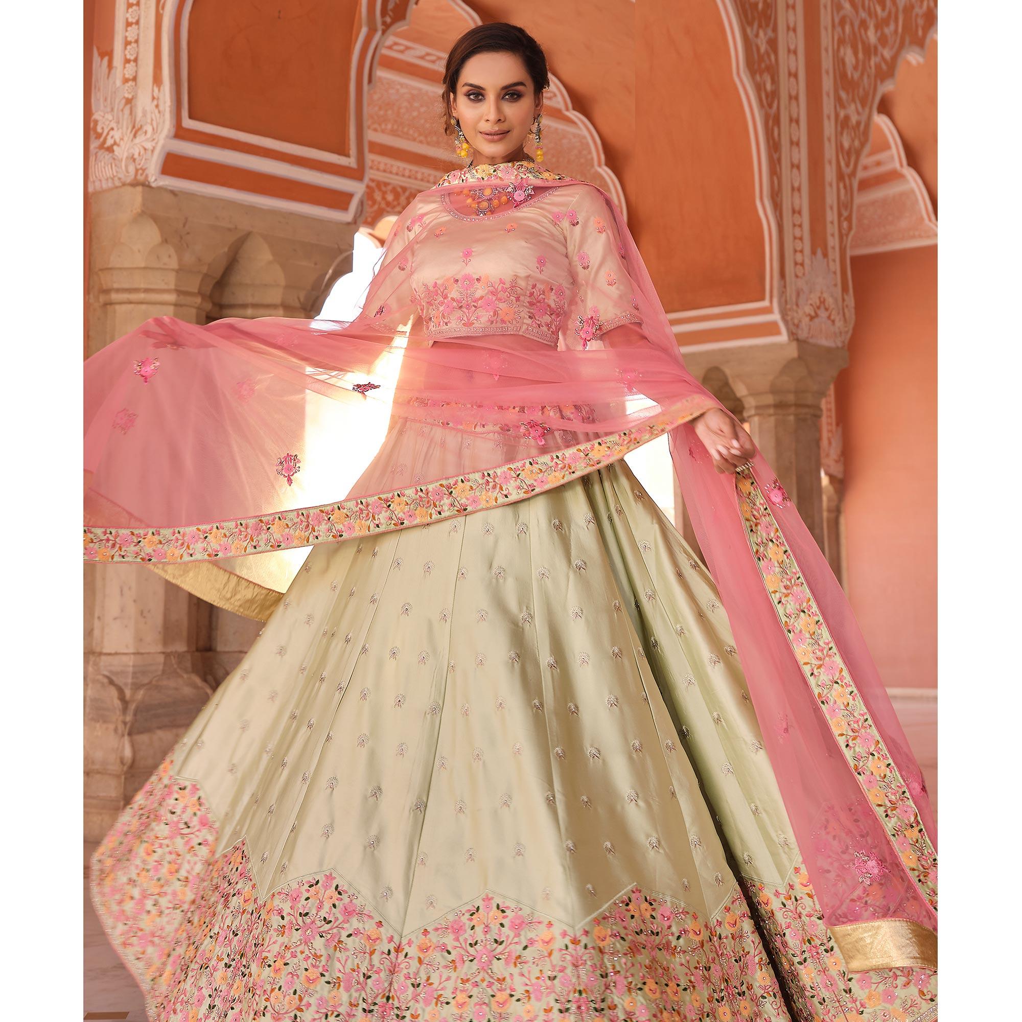 Green Embellished With Embroidered Satin Lehenga Choli - Peachmode