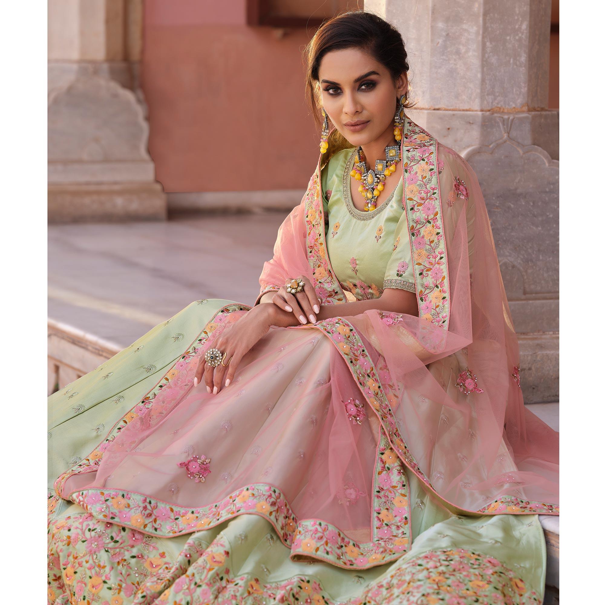 Green Embellished With Embroidered Satin Lehenga Choli - Peachmode