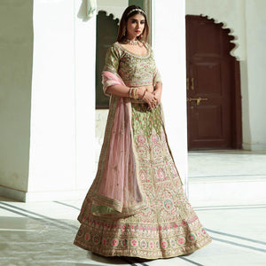 Green Embellished With Embroidered Velvet Lehenga Choli - Peachmode