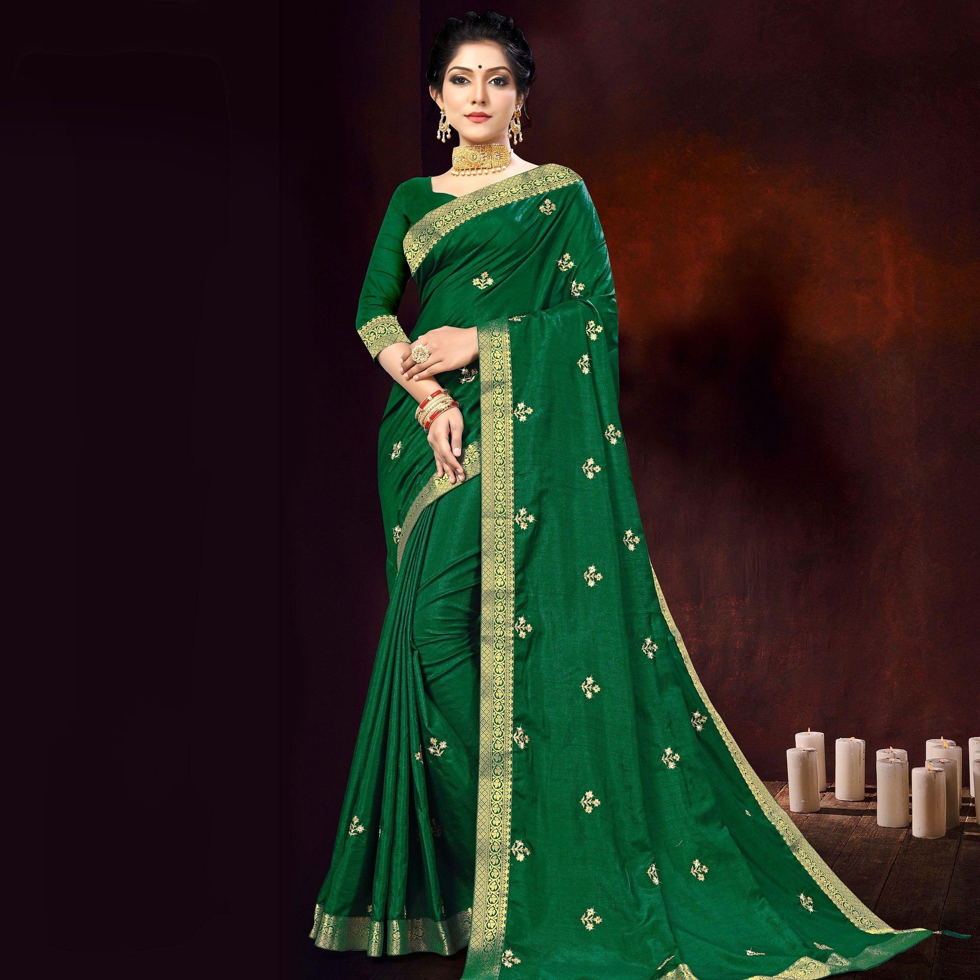 Green Embellished With Embroidered Vichitra Silk Saree - Peachmode