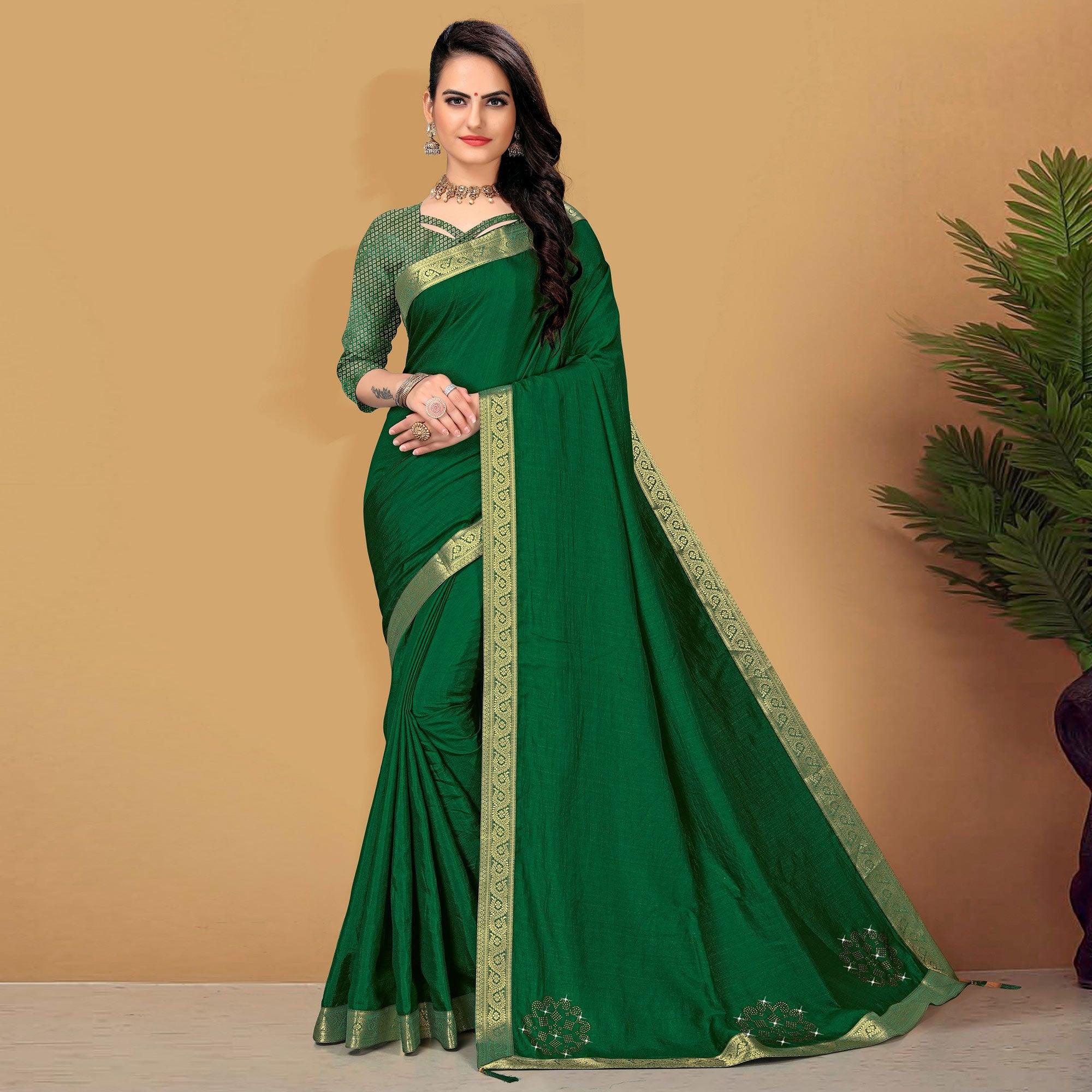 Green Embellished With Embroidered Vichitra Silk Saree - Peachmode