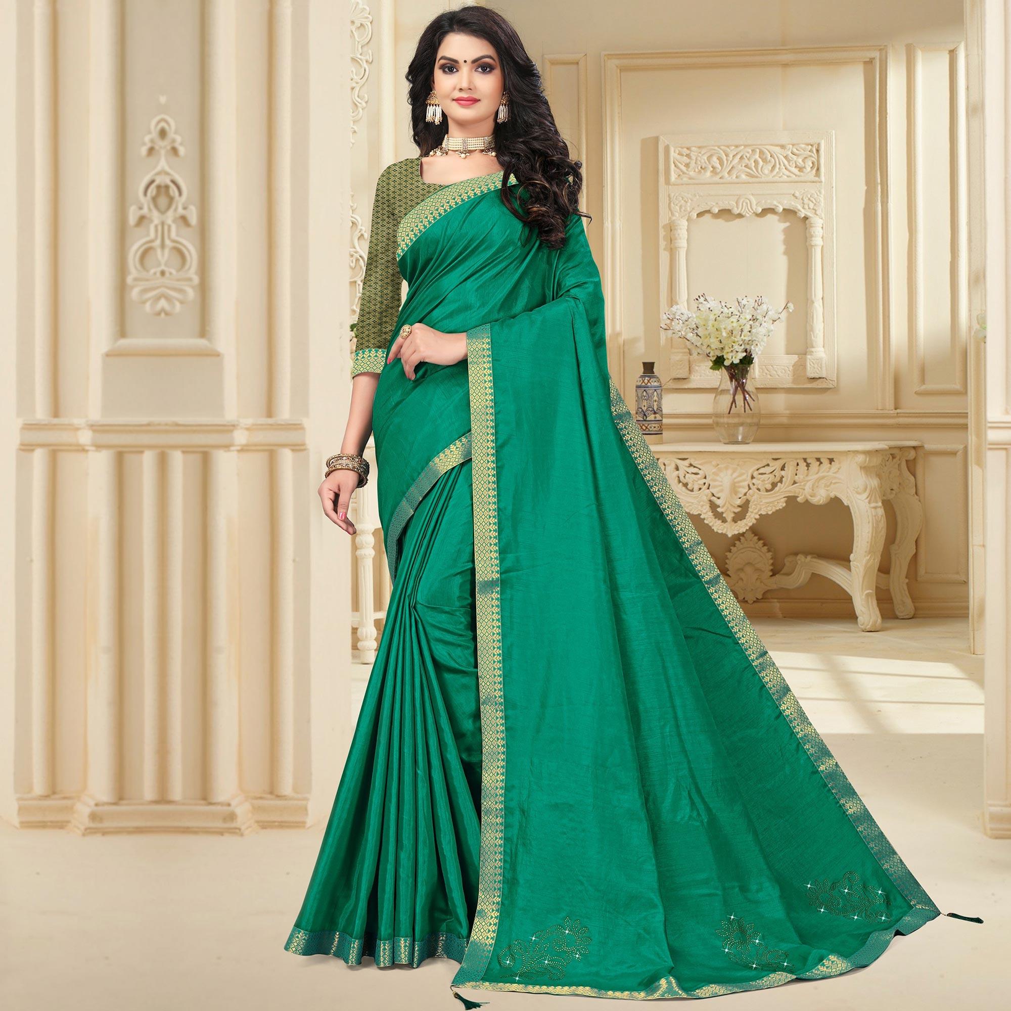 Green Embellished With Embroidered Vichitra Silk Saree - Peachmode