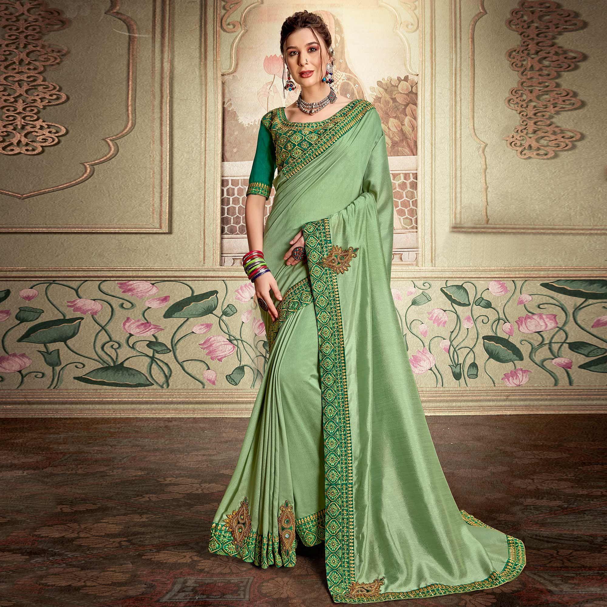 Green Embellished With Embroidered Vichitra Silk Saree - Peachmode