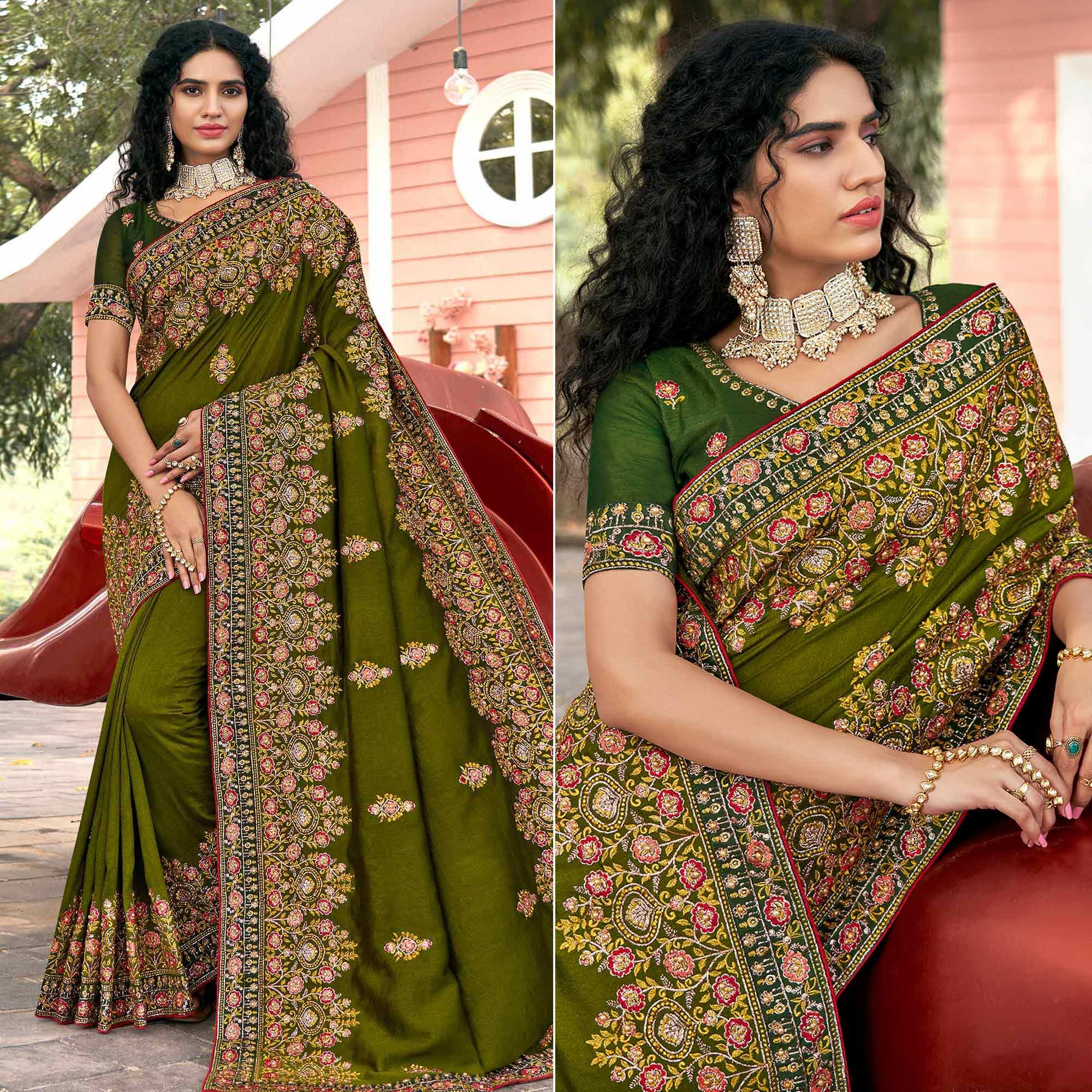 Green Embellished With Embroidered Vichitra Silk Saree - Peachmode