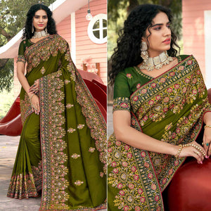Green Embellished With Embroidered Vichitra Silk Saree - Peachmode