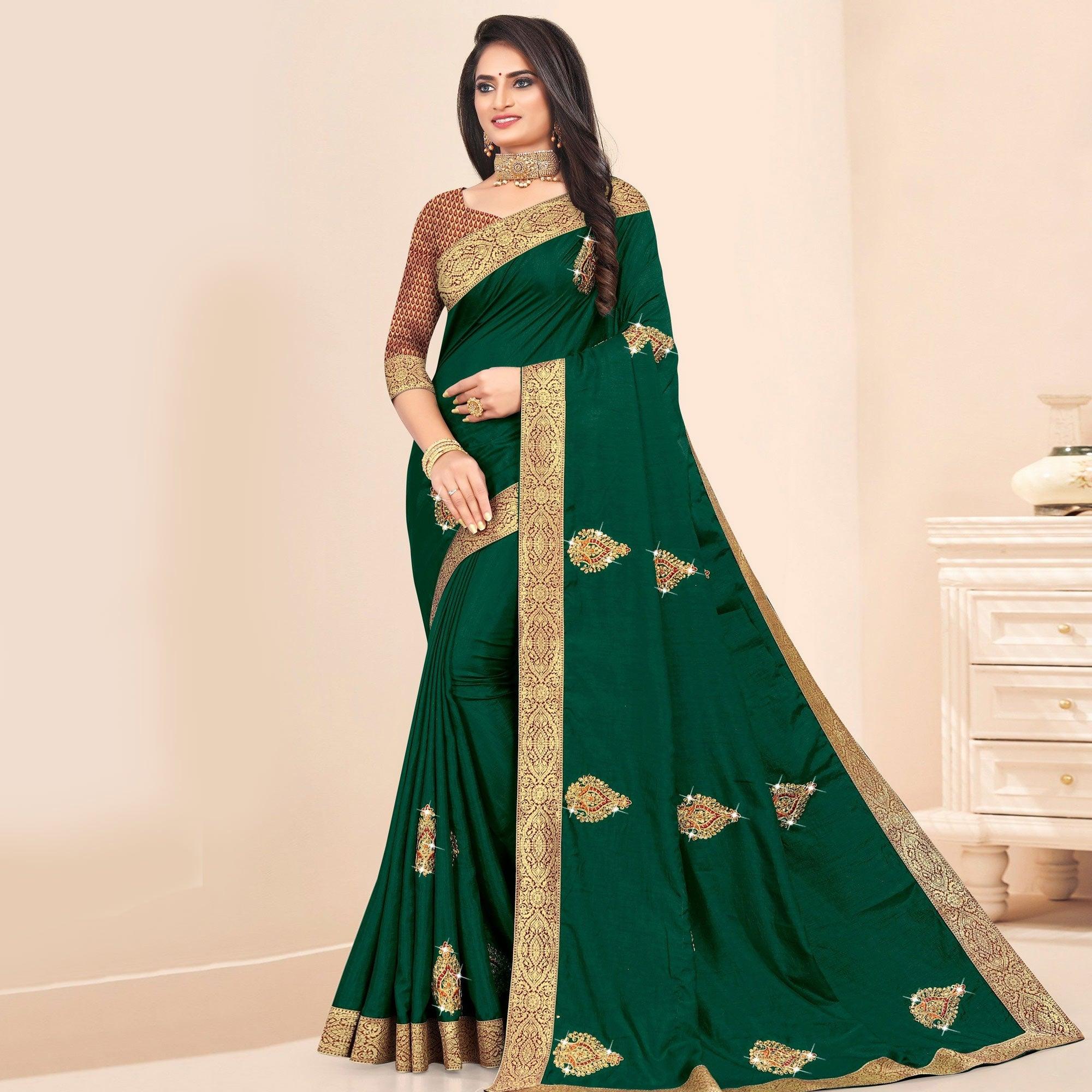 Green Embellished With Embroidered Vichitra Silk Saree - Peachmode