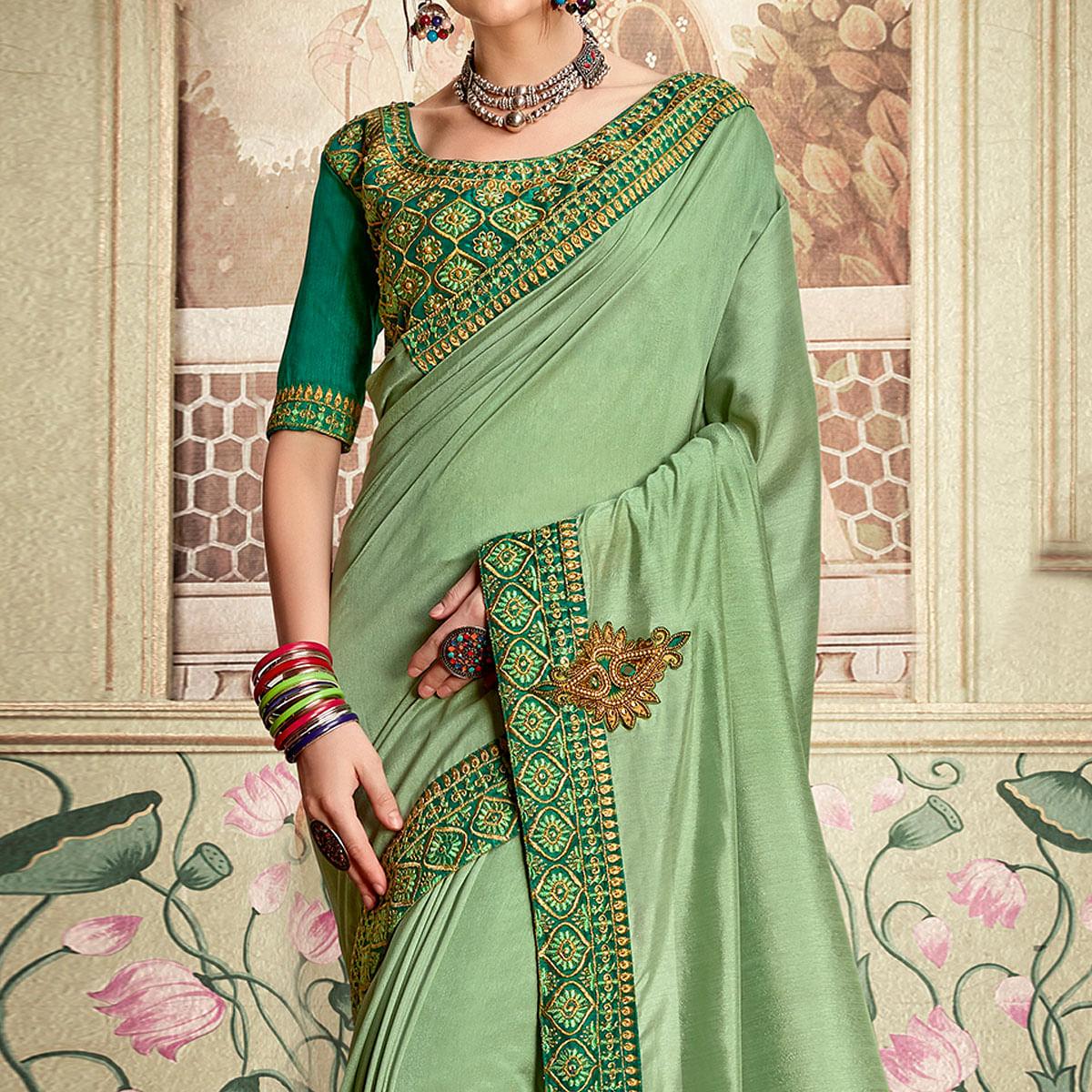 Green Embellished With Embroidered Vichitra Silk Saree - Peachmode