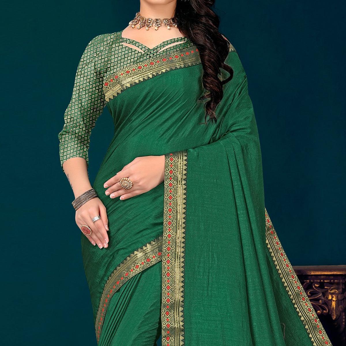 Green Embellished With Embroidered Vichitra Silk Saree - Peachmode