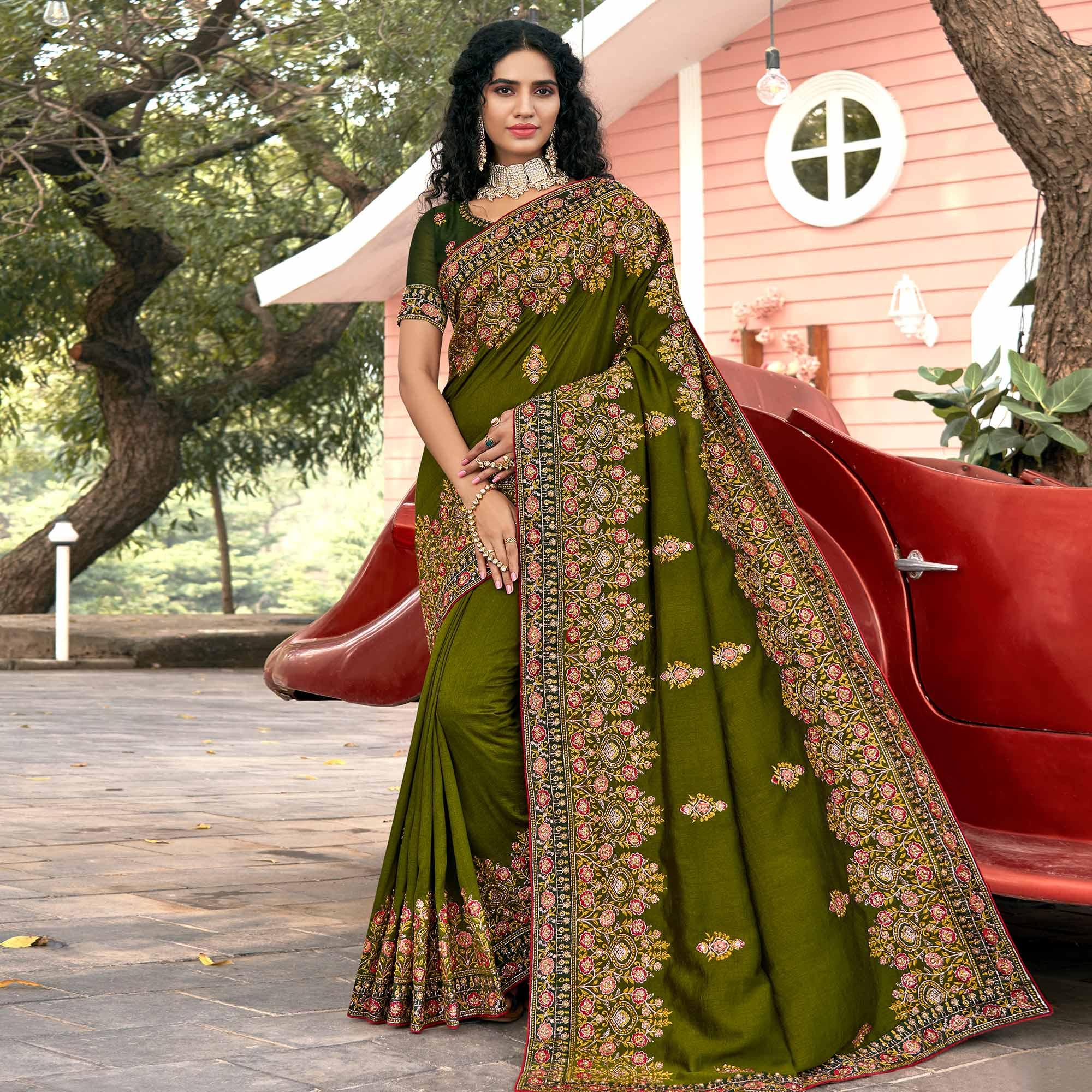 Green Embellished With Embroidered Vichitra Silk Saree - Peachmode