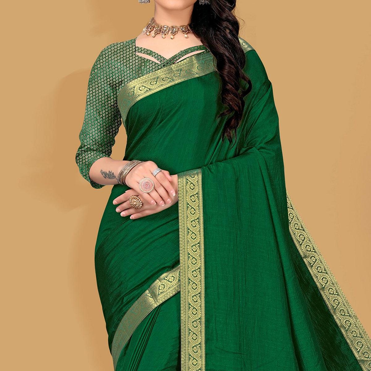 Green Embellished With Embroidered Vichitra Silk Saree - Peachmode