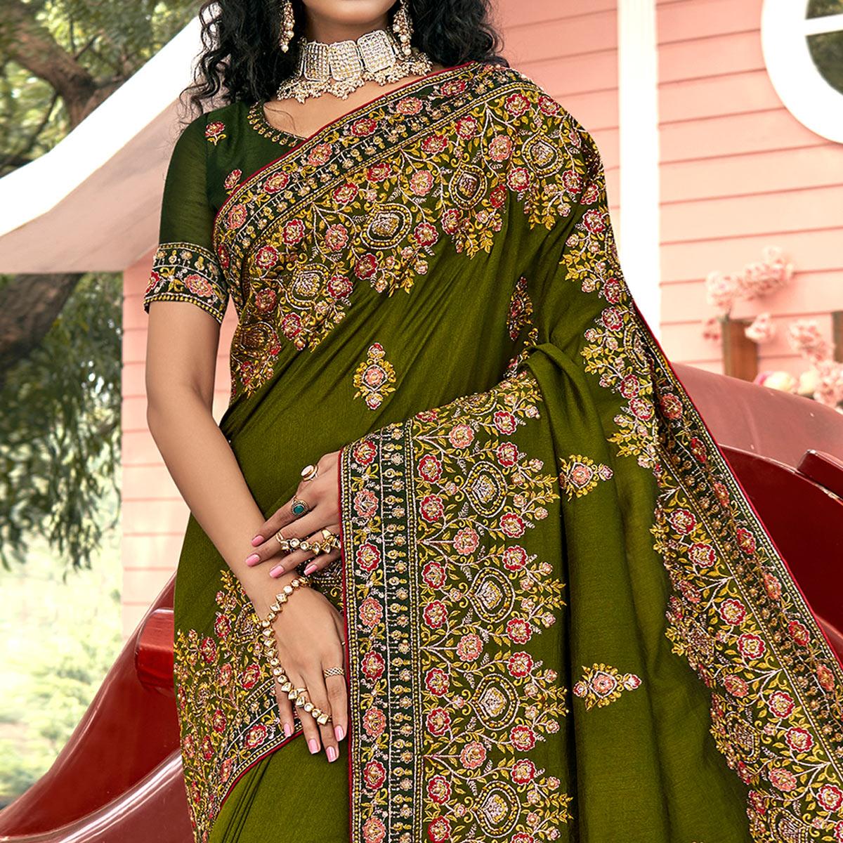 Green Embellished With Embroidered Vichitra Silk Saree - Peachmode