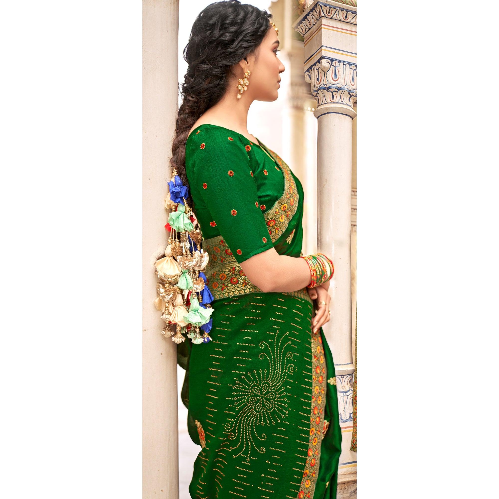 Green Embellished With Embroidered Vichitra Silk Saree - Peachmode