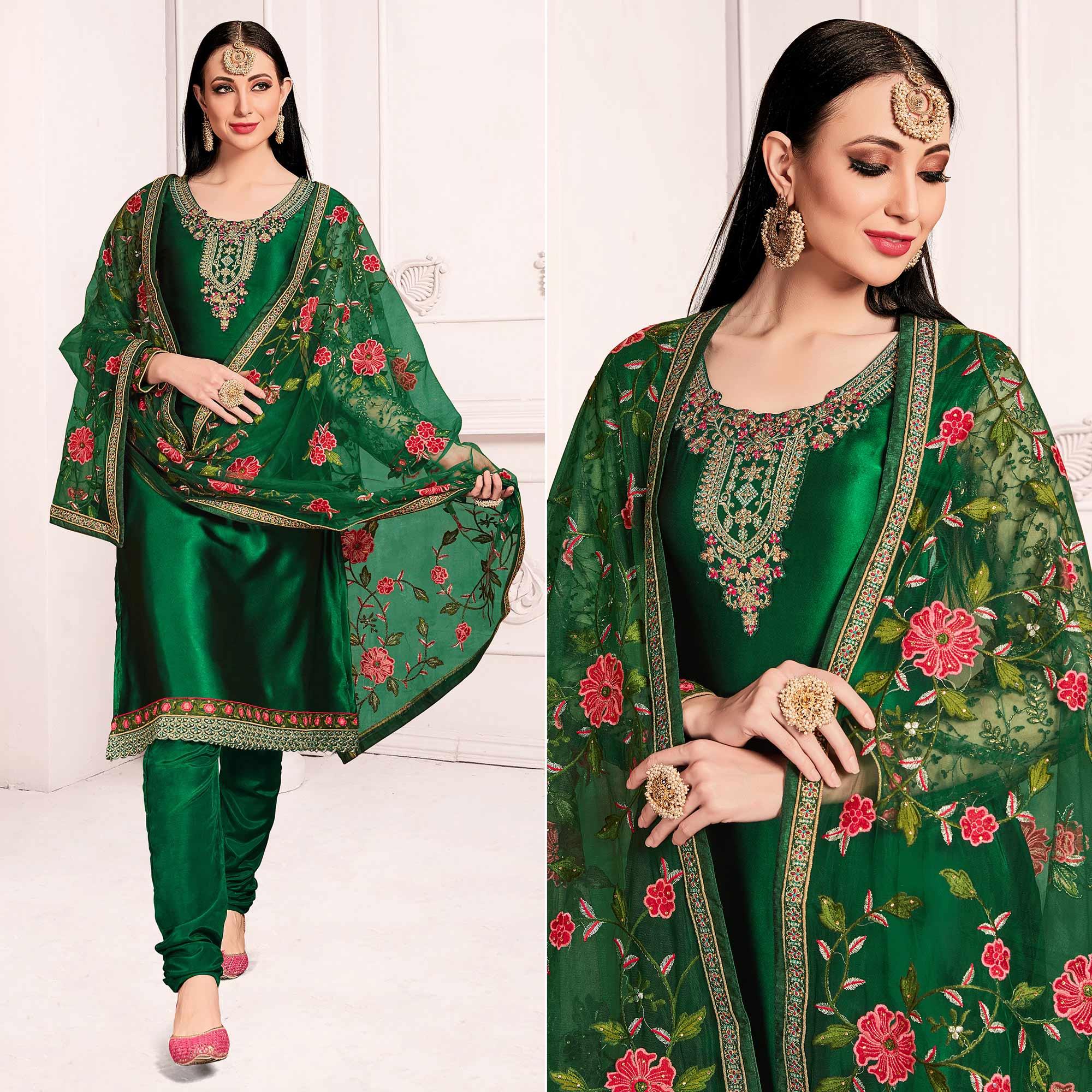 Green Embroidered & Embellished Satin Partywear Suit - Peachmode