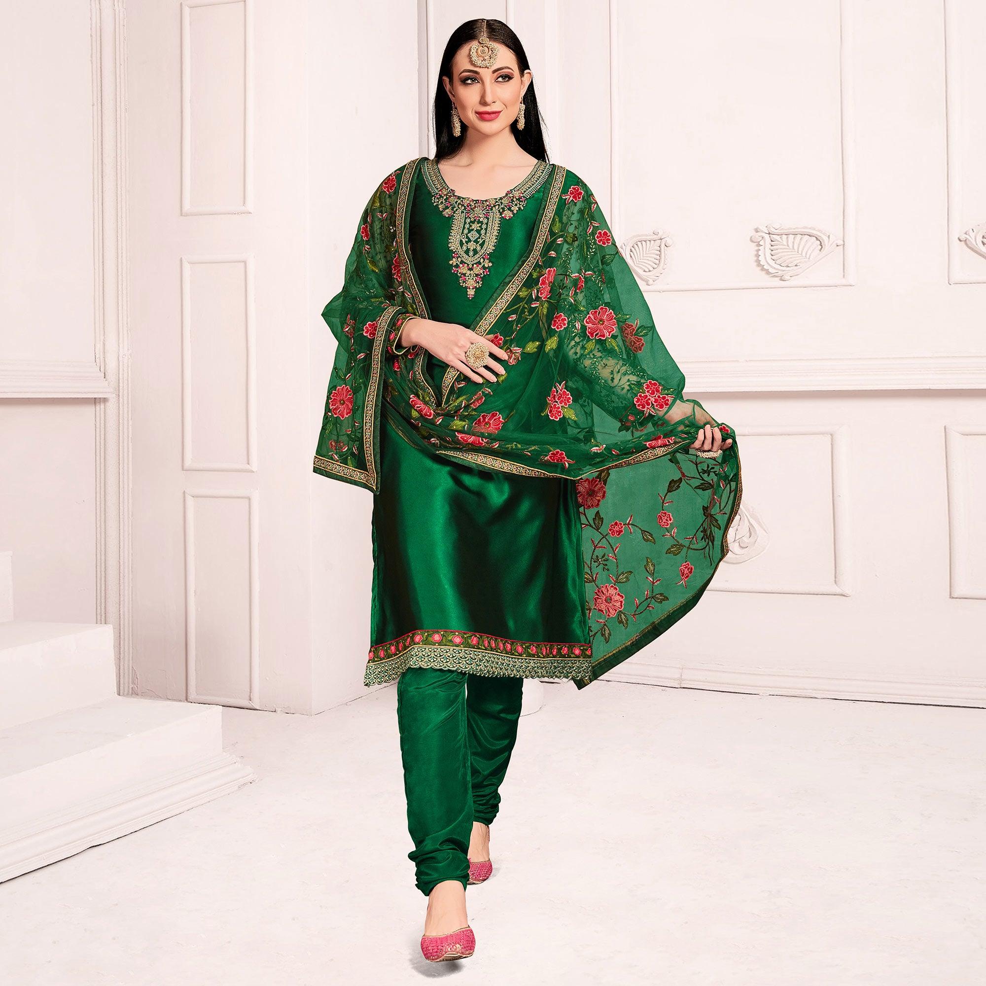 Green Embroidered & Embellished Satin Partywear Suit - Peachmode