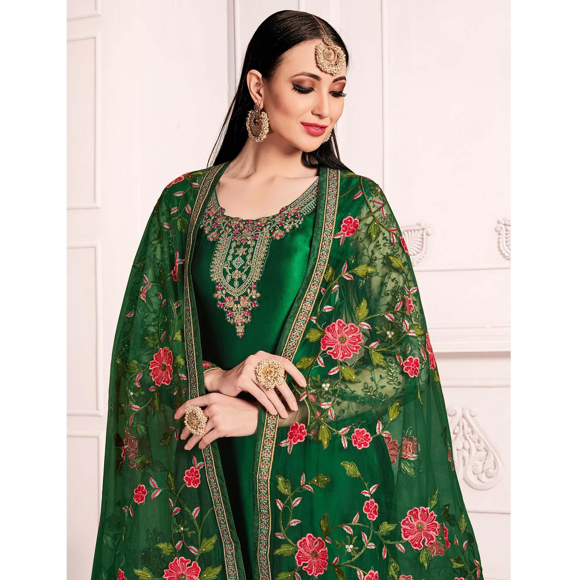 Green Embroidered & Embellished Satin Partywear Suit - Peachmode