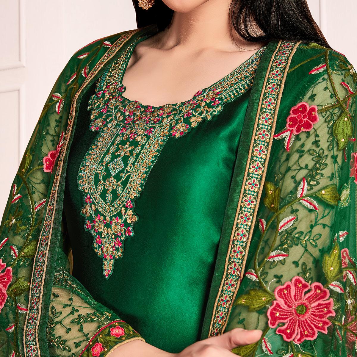 Green Embroidered & Embellished Satin Partywear Suit - Peachmode