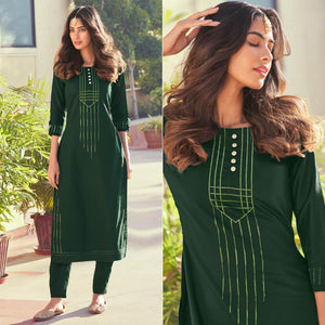 Green Embroidered Art Silk Kurti Pant Set - Peachmode
