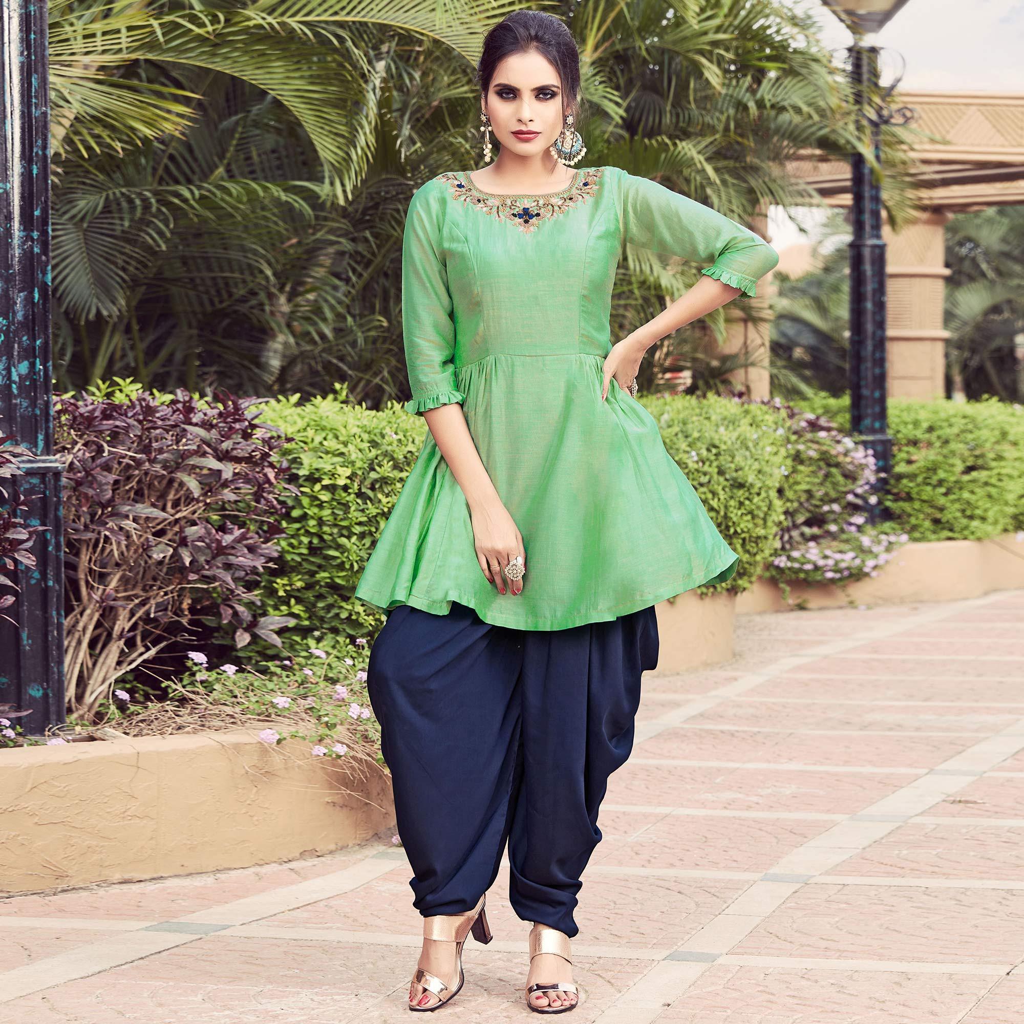 Green Embroidered Art Silk Kurti With Dhoti Set Green Embroidered Art Silk Kurti With Dhoti Set
