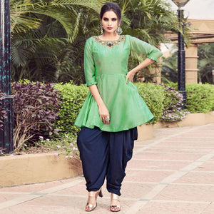 Green Embroidered Art Silk Kurti With Dhoti Set - Peachmode