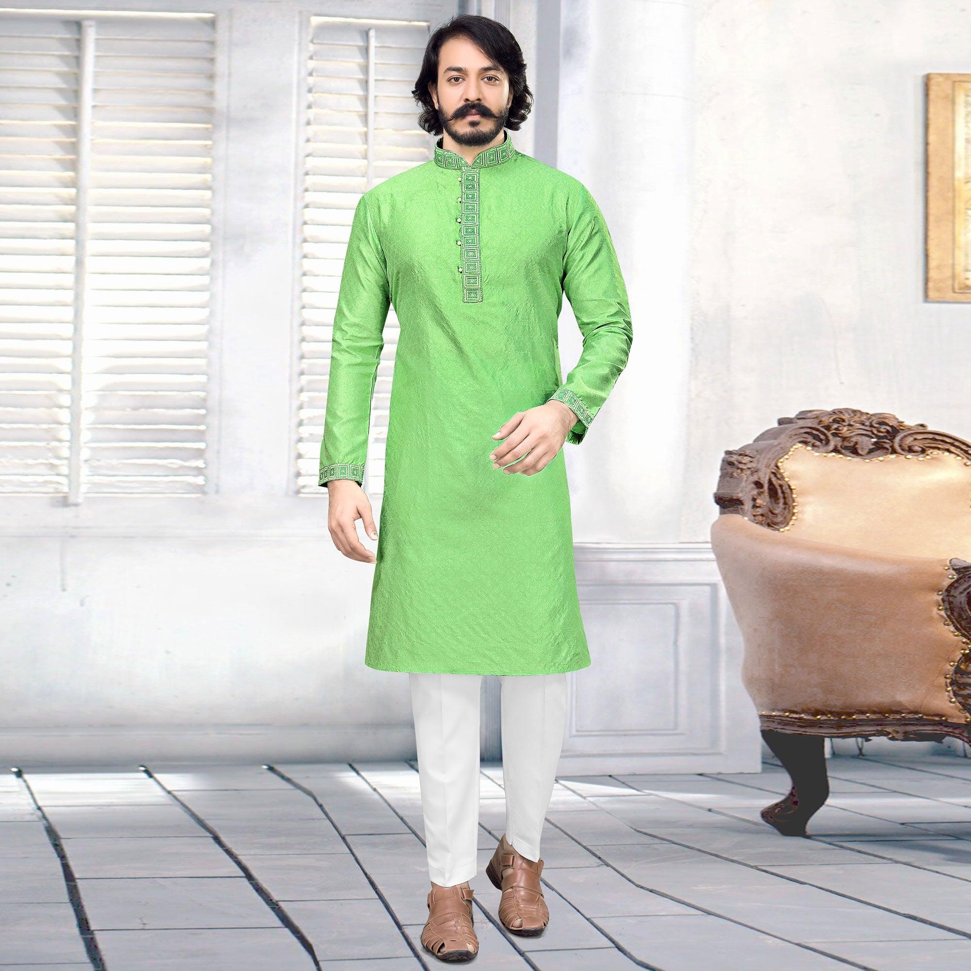 Green Embroidered Art Silk Mens's Kurta Pyjama Set - Peachmode