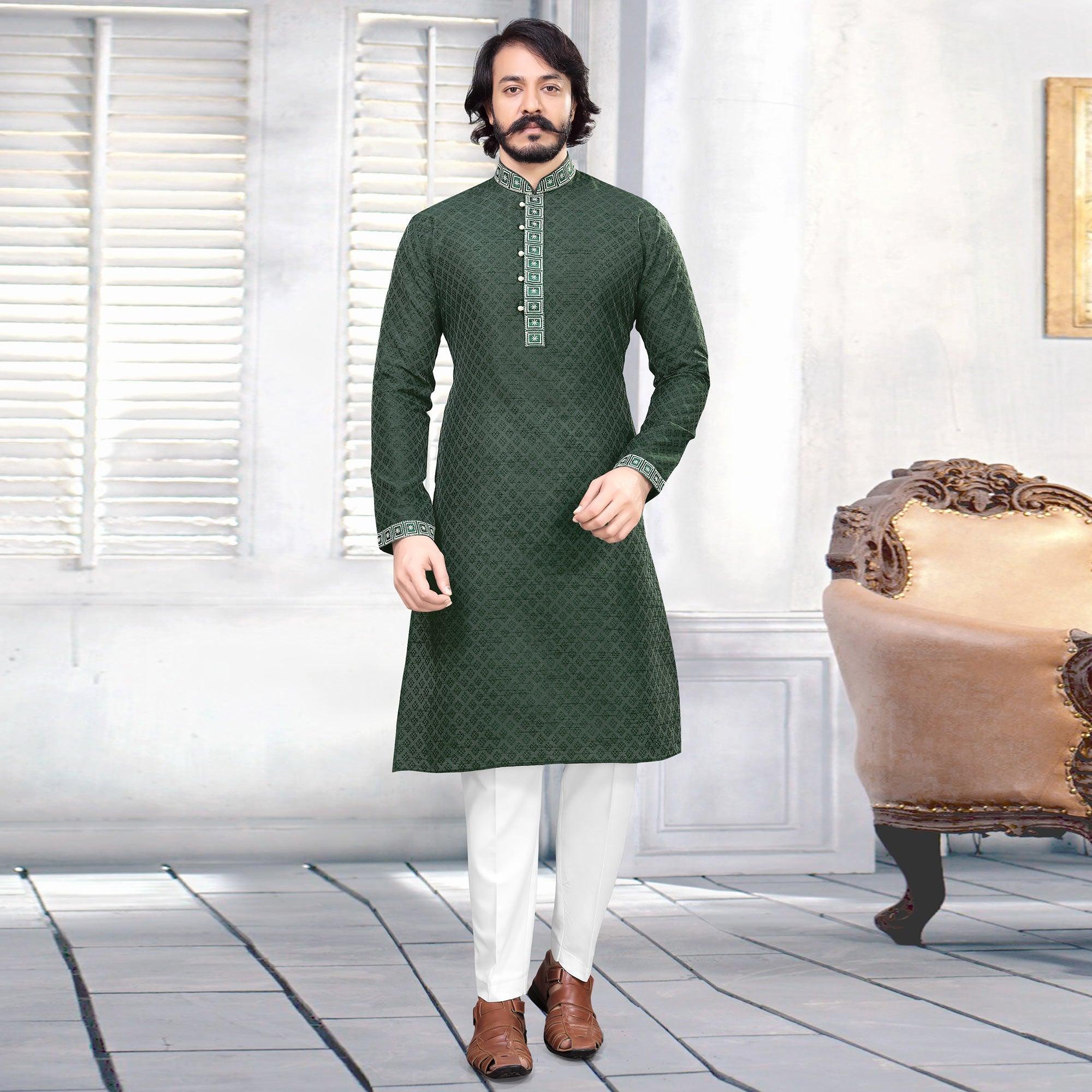 Green Embroidered Art Silk Mens's Kurta Pyjama Set - Peachmode