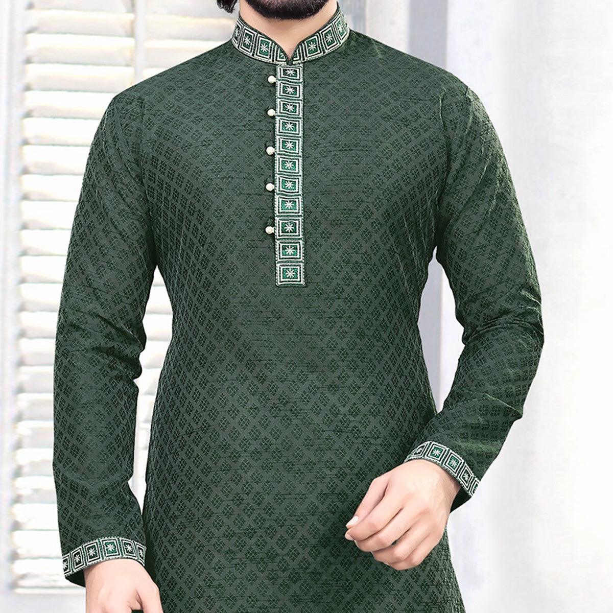 Green Embroidered Art Silk Mens's Kurta Pyjama Set - Peachmode