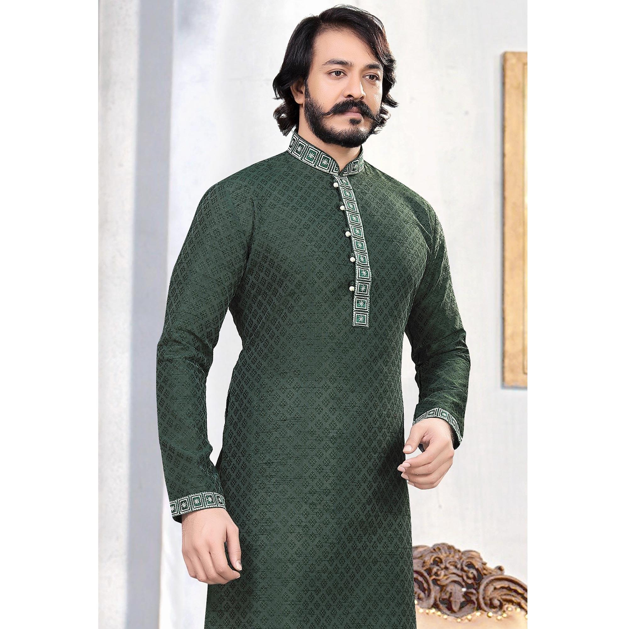 Green Embroidered Art Silk Mens's Kurta Pyjama Set - Peachmode