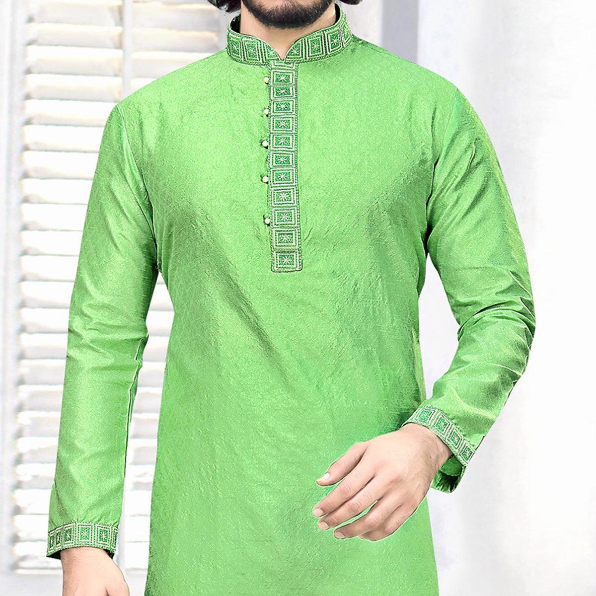 Green Embroidered Art Silk Mens's Kurta Pyjama Set - Peachmode