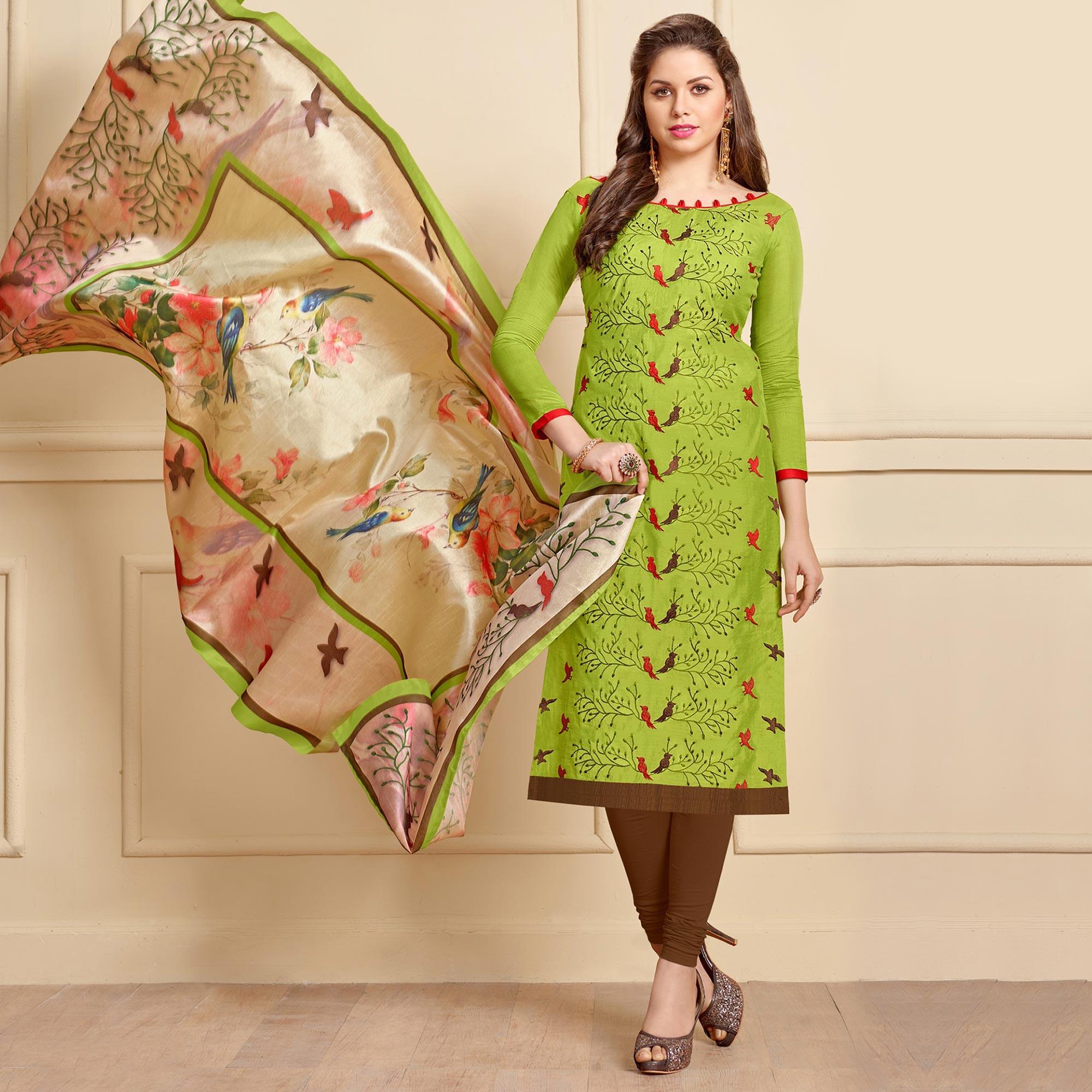 Green Embroidered Art Silk Salwar Suit - Peachmode