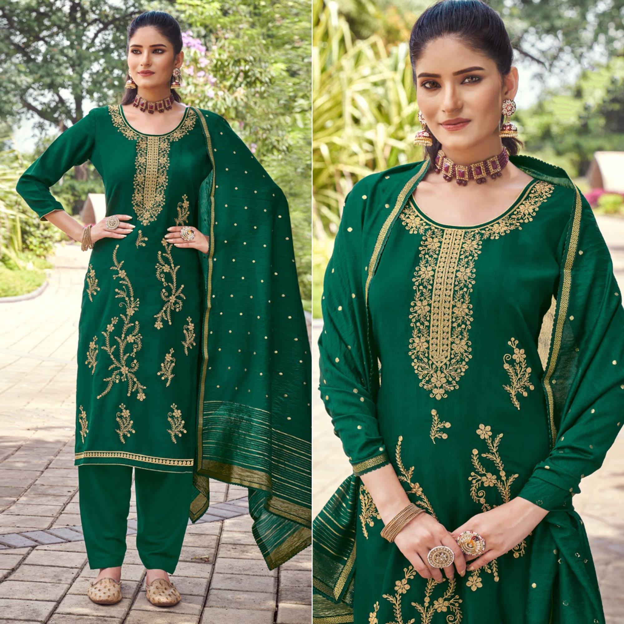 Green Embroidered Art Silk Salwar Suit - Peachmode