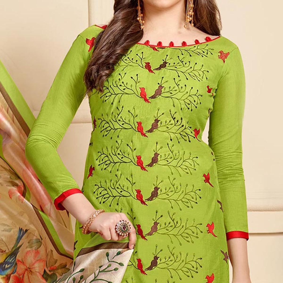 Green Embroidered Art Silk Salwar Suit - Peachmode