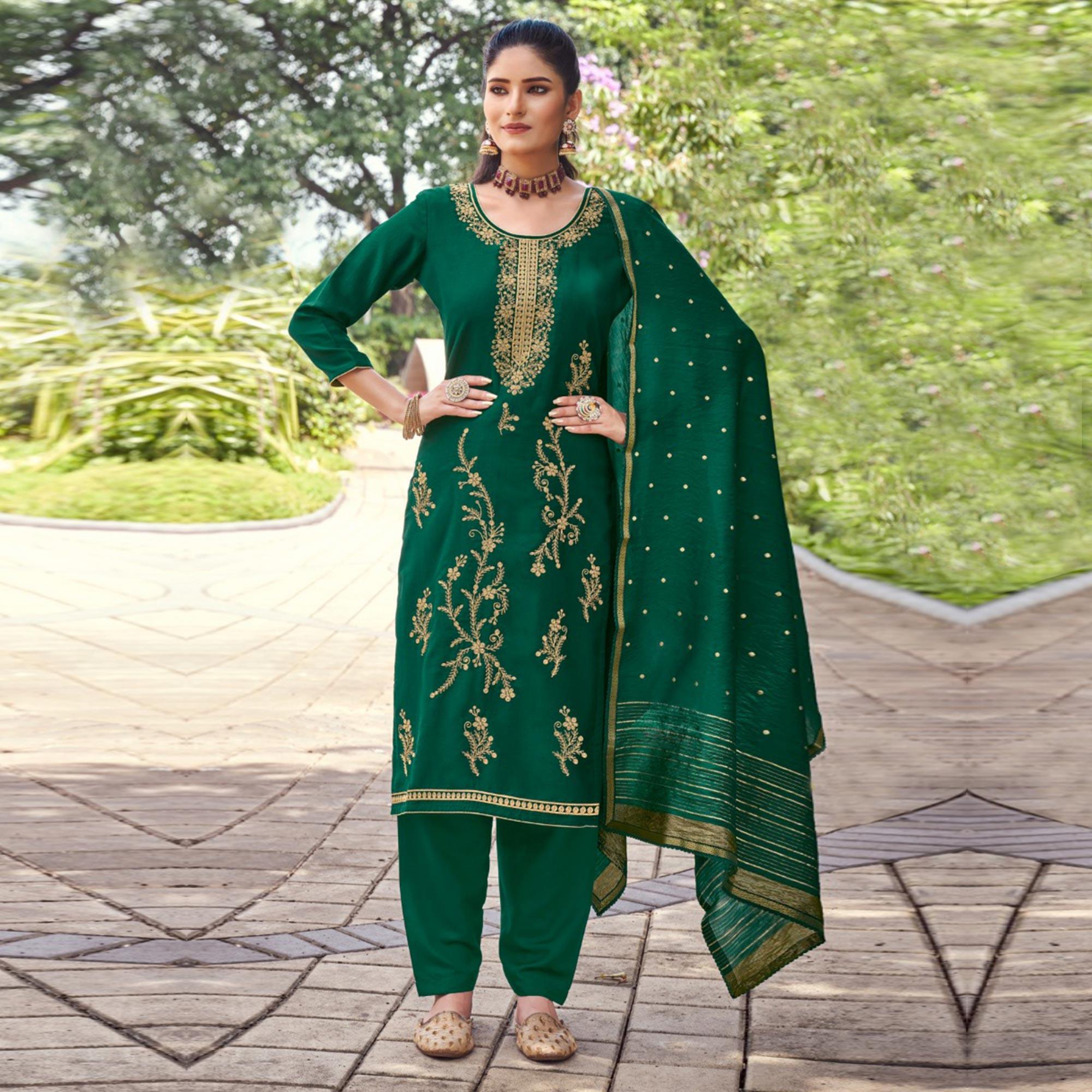 Green Embroidered Art Silk Salwar Suit - Peachmode