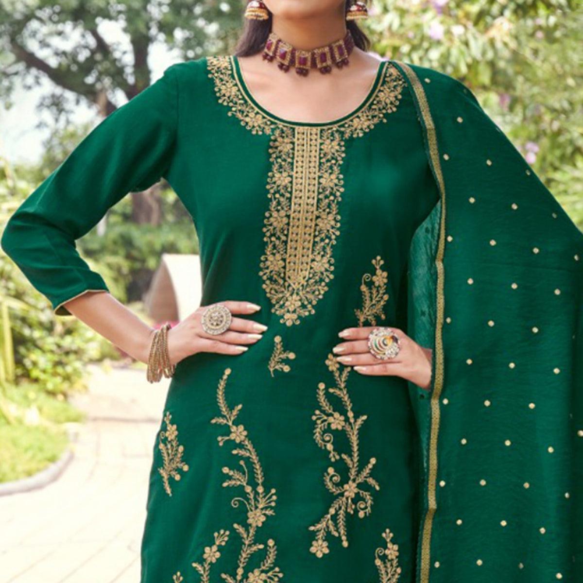 Green Embroidered Art Silk Salwar Suit - Peachmode
