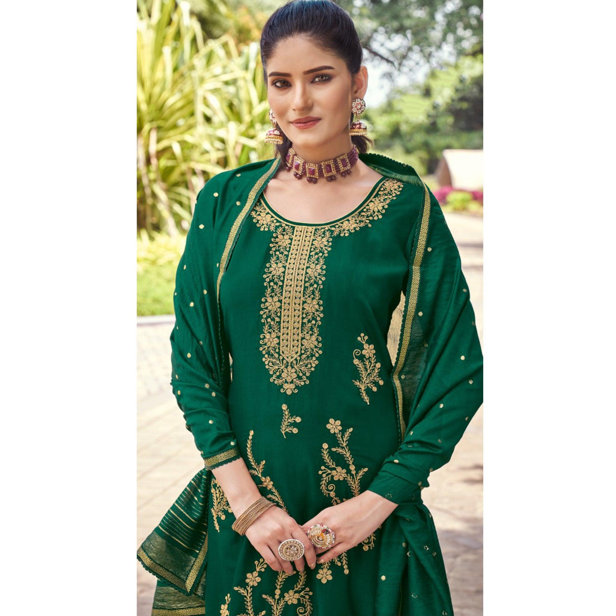 Green Embroidered Art Silk Salwar Suit - Peachmode
